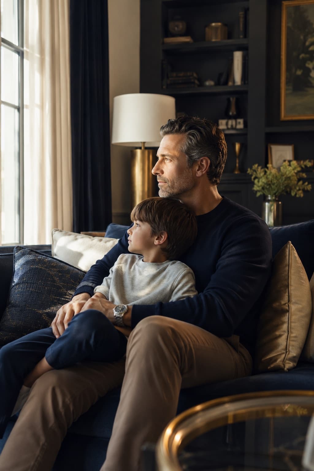 A father sitting with his young son on the sofa at home, both looking toward the window